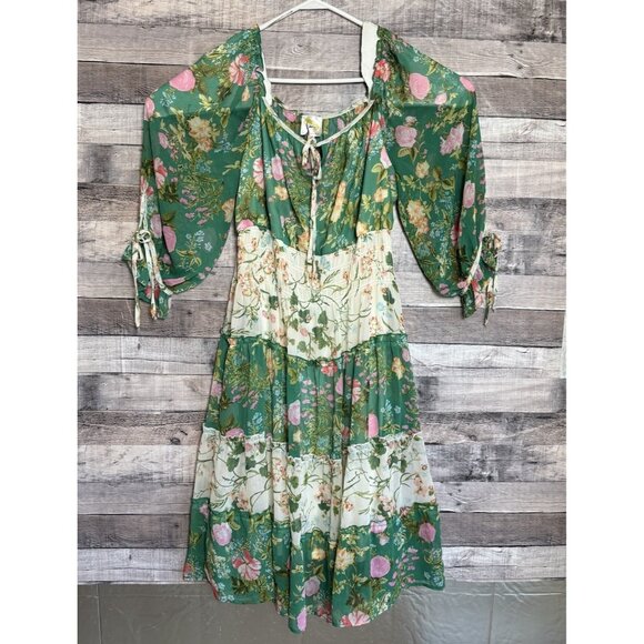 Anthropology Fig and Flower Green Floral Chiffon Tiered Dress Womens XL Boho - Picture 1 of 11